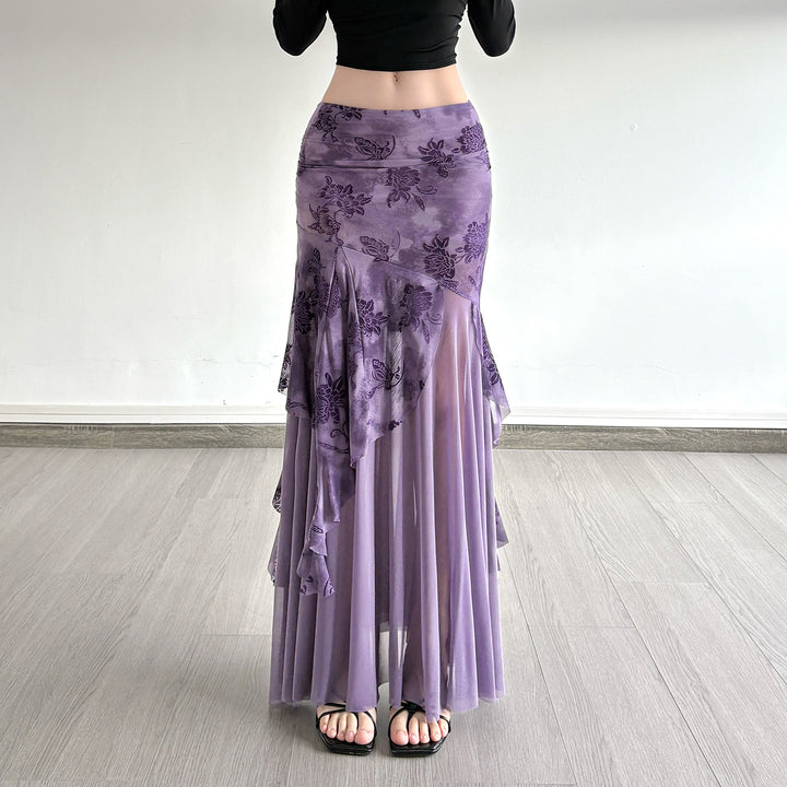 Damen Maxi-Rock mit floralem Design und asymmetrischem Schnitt Drune