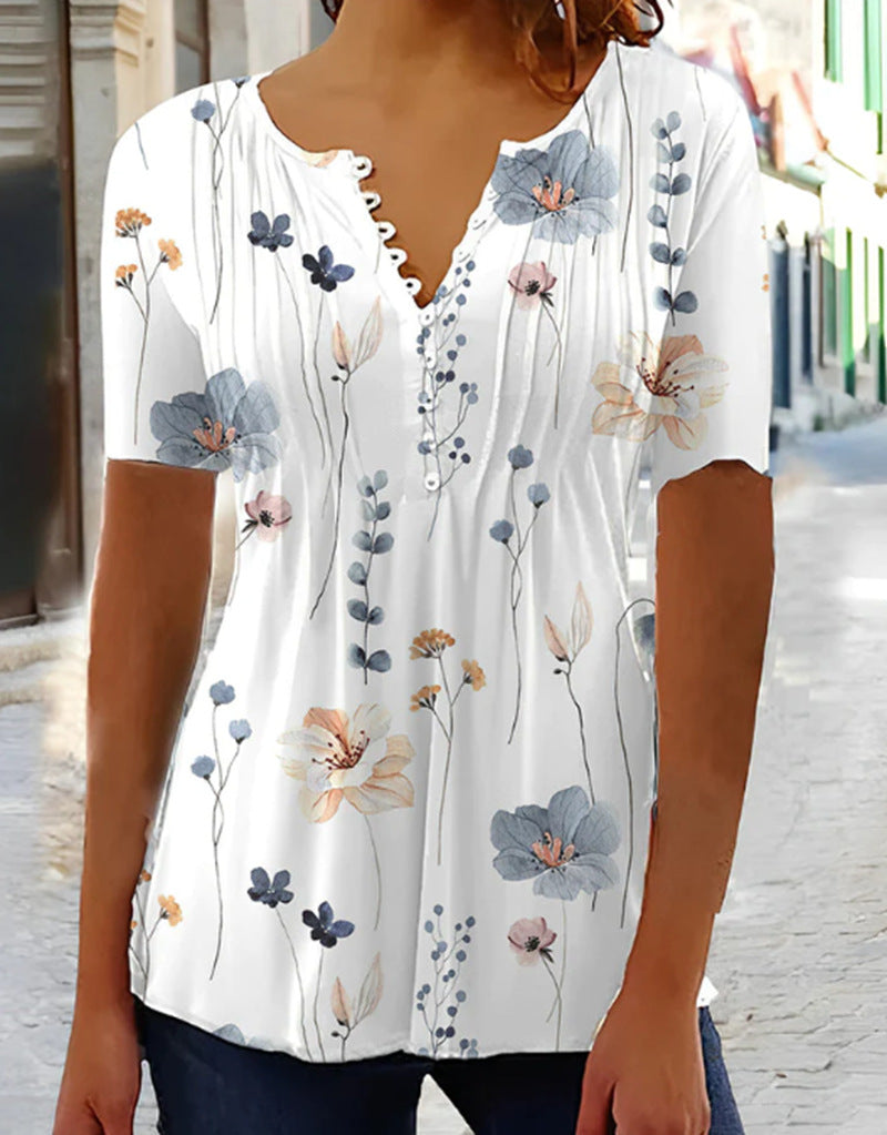 Damen nan leichte Viskose-Tunika mit Ziersteckfalten, halber Knopfleiste und Aquarellblumenprint Drune