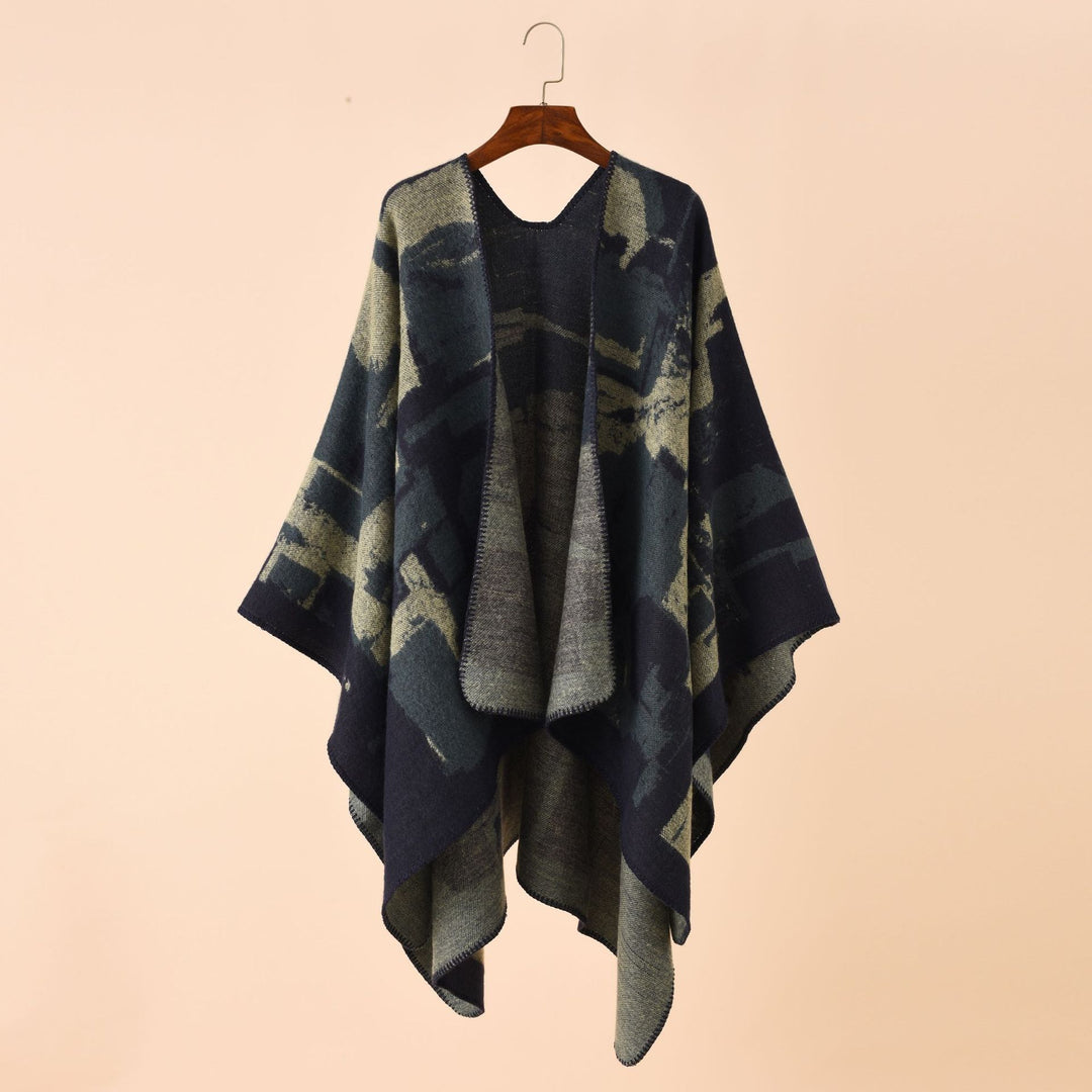 Damen Oversize-Umhangruana aus Wollmix mit abstraktem Jacquard und Zierstichkante Drune
