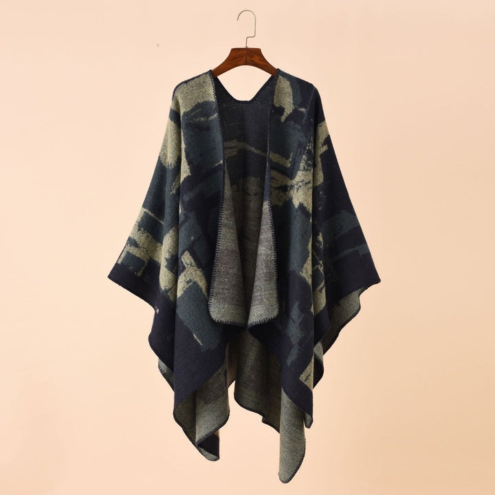 Damen Oversize-Umhangruana aus Wollmix mit abstraktem Jacquard und Zierstichkante Drune