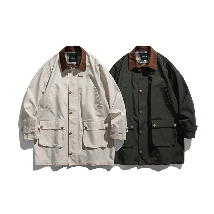 Herren Wachsbeschichteter Outdoor-Mantel mit Cordkragen Drune
