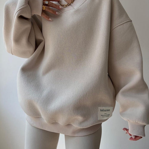 Damen Oversized Sweatshirt mit V-Ausschnitt und geripptem Kragen Drune