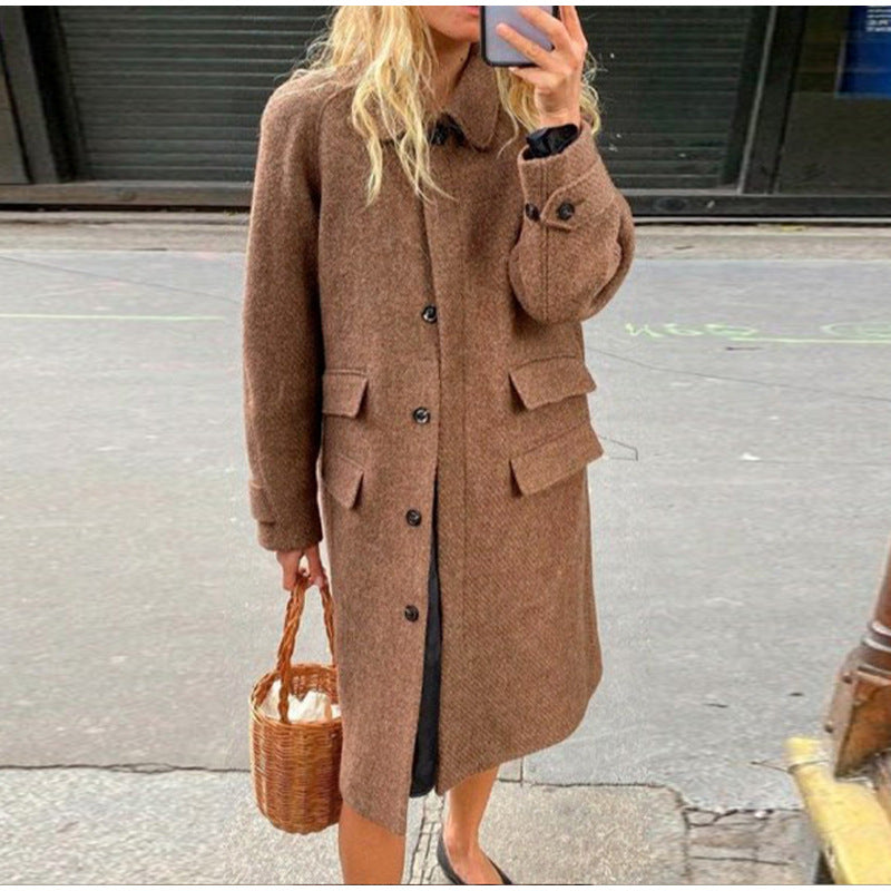Damen eleganter Wollmantel mit Taschen und kontrastierenden Knöpfen Drune