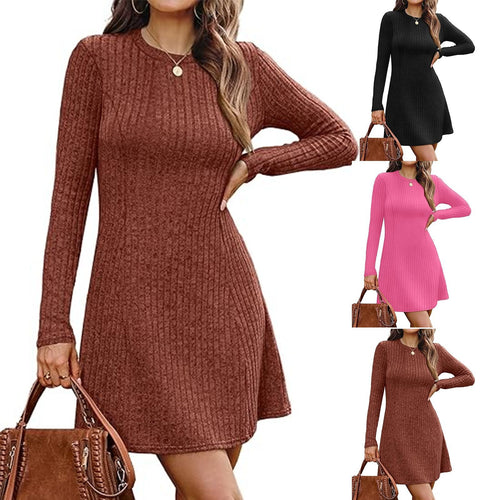 Damen Geripptes Strick-Minikleid mit Rundhalsausschnitt und schmaler Silhouette Drune