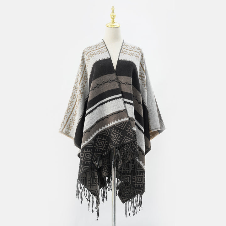 Damen Woven Jacquard-Poncho mit geometrischem Ethno-Muster und Fransensaum Drune