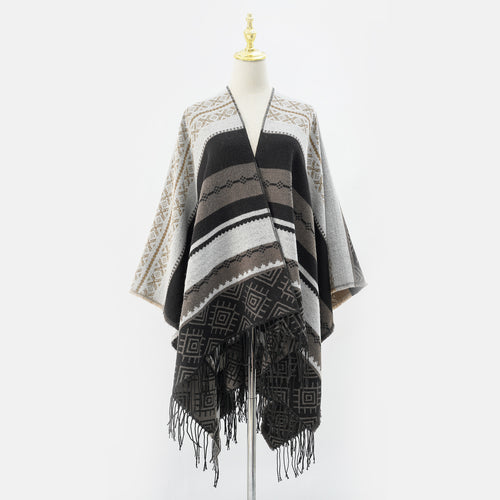 Damen Woven Jacquard-Poncho mit geometrischem Ethno-Muster und Fransensaum Drune