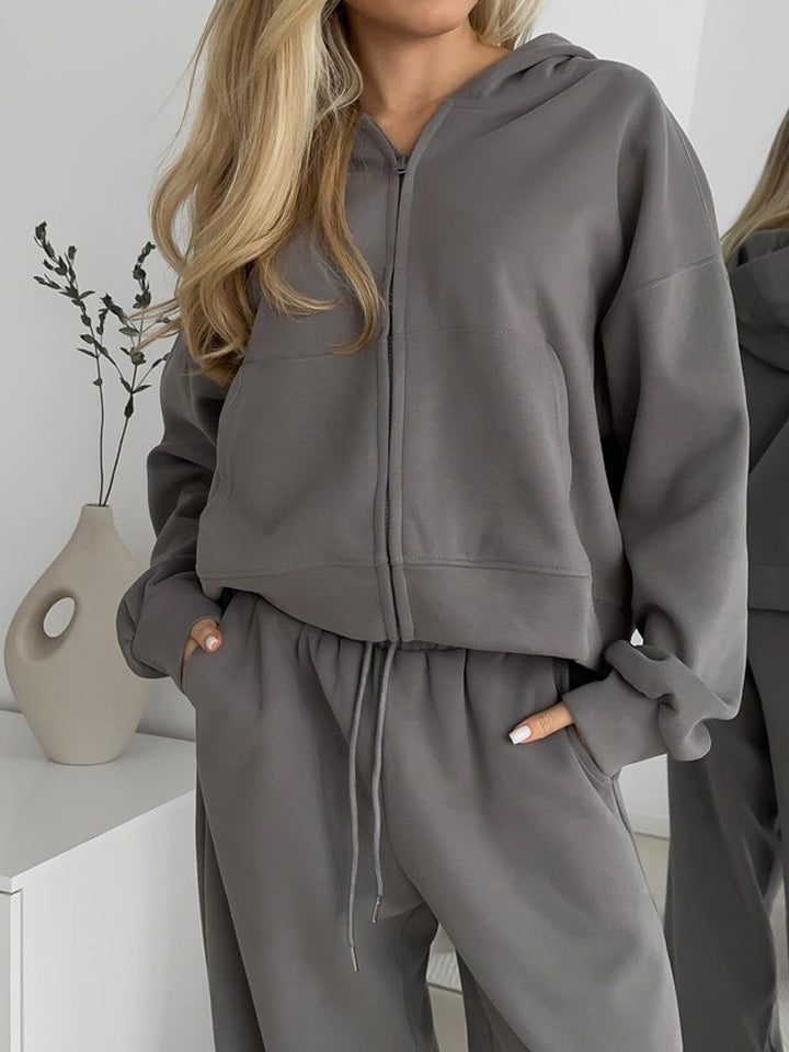Damen nan cropped Kapuzenjacke mit durchgehendem Reißverschluss und taillenhoher Jogginghose Set Drune