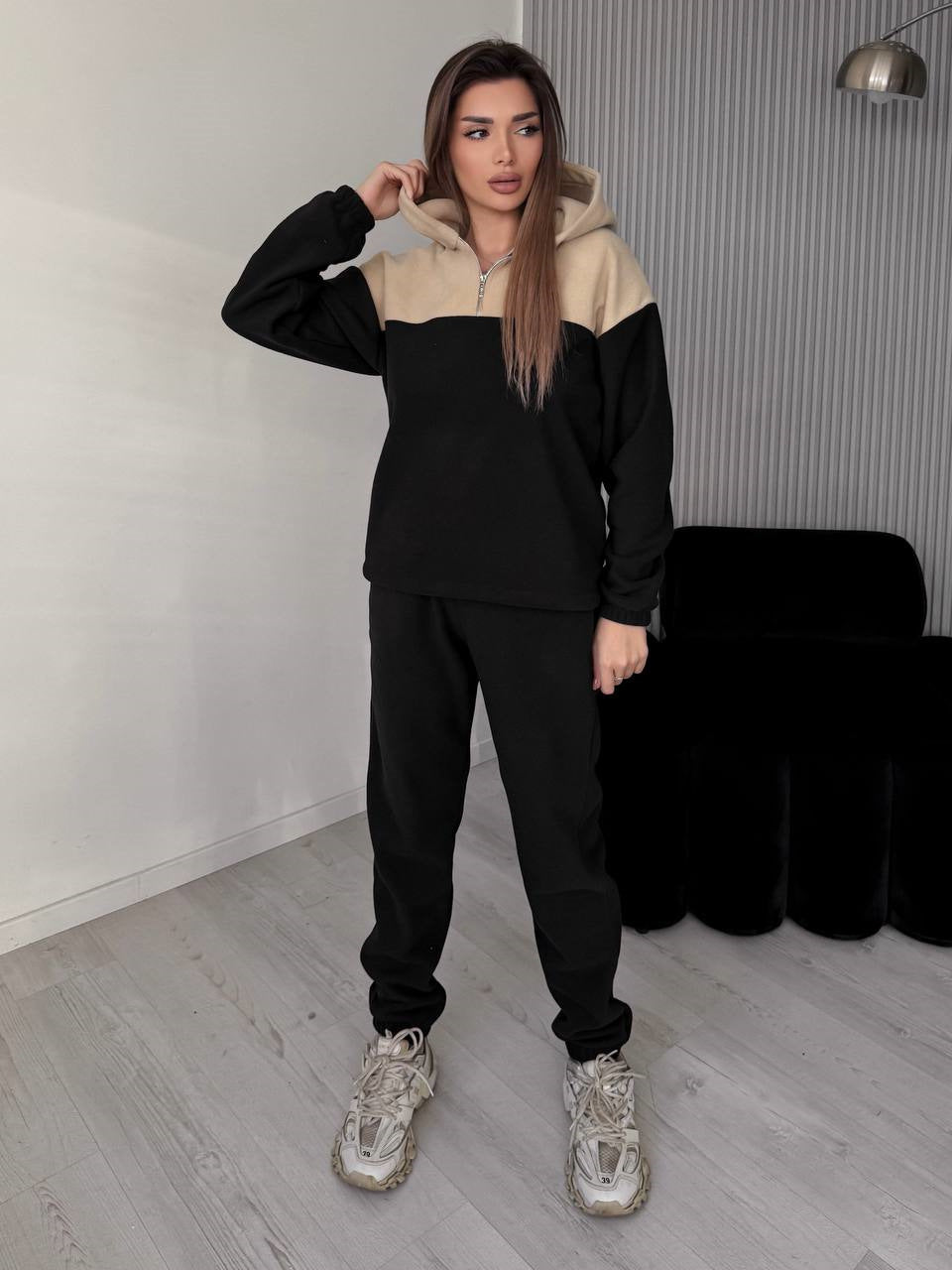 Damen Zweiteiliges Farbblock-Loungewear-Set mit halbem Reißverschluss und schmaler Jogginghose Drune