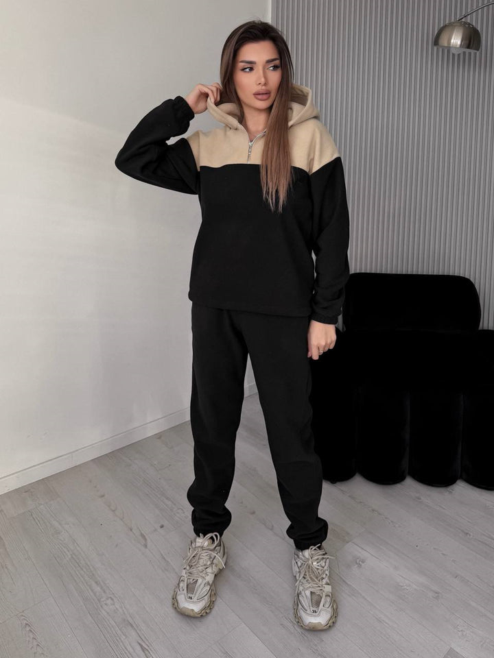 Damen Zweiteiliges Farbblock-Loungewear-Set mit halbem Reißverschluss und schmaler Jogginghose Drune