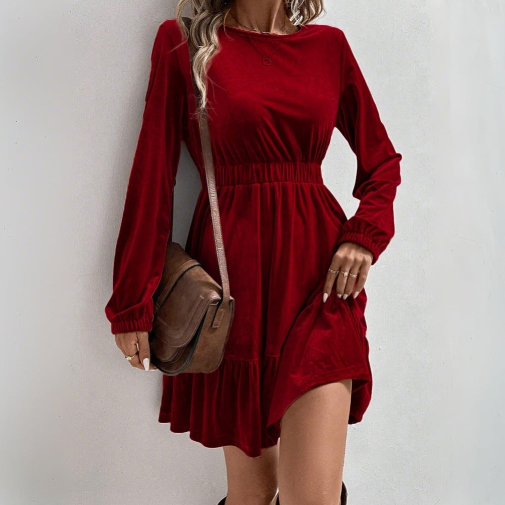Damen Samt‑Minikleid mit elastischer Taillennaht und stufigem Volantrock Drune