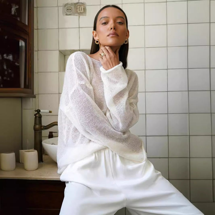 Damen luftiger Strickpullover mit weitem Schnitt und angeschnittenen Ärmeln Drune