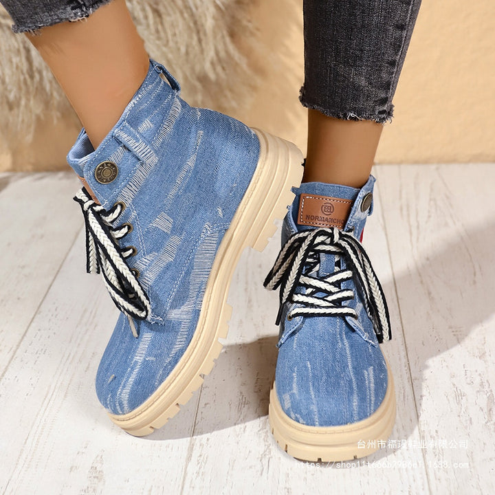 Damen Modische Schnürstiefeletten mit floralem Stickmuster und rutschfester Sohle Drune