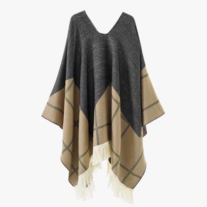 Damen Ornamentaler Jacquard‑Poncho mit V‑Ausschnitt und Fransensaum Drune