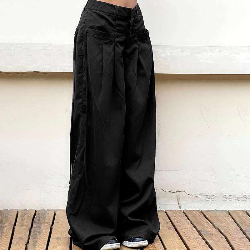 Damen nan hochtaillierte weite Bundfaltenhose mit Cargo‑Details, Gürtelschlaufen und geradem Beinschnitt Drune