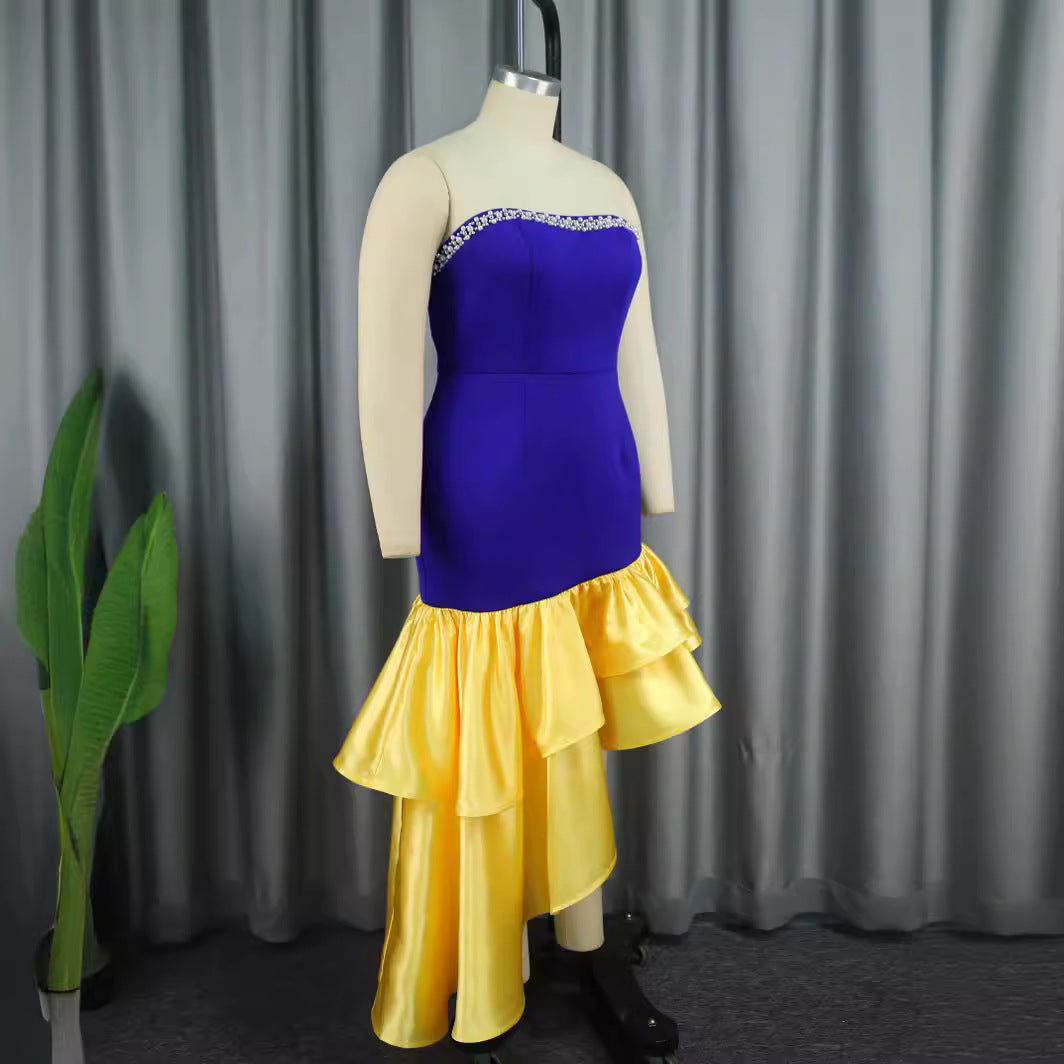 Damen Kleid mit schulterfreiem Design und voluminösem Rüschensaum Drune