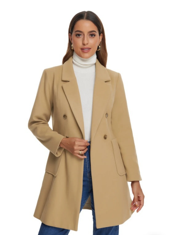 Damen eleganter Mantel mit doppelter Knopfreihe und seitlichen Taschen Drune