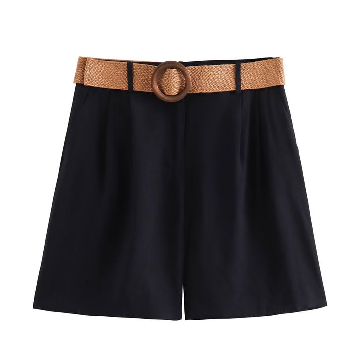 Damen elegante Shorts mit breitem, geflochtenem Gürtel Drune
