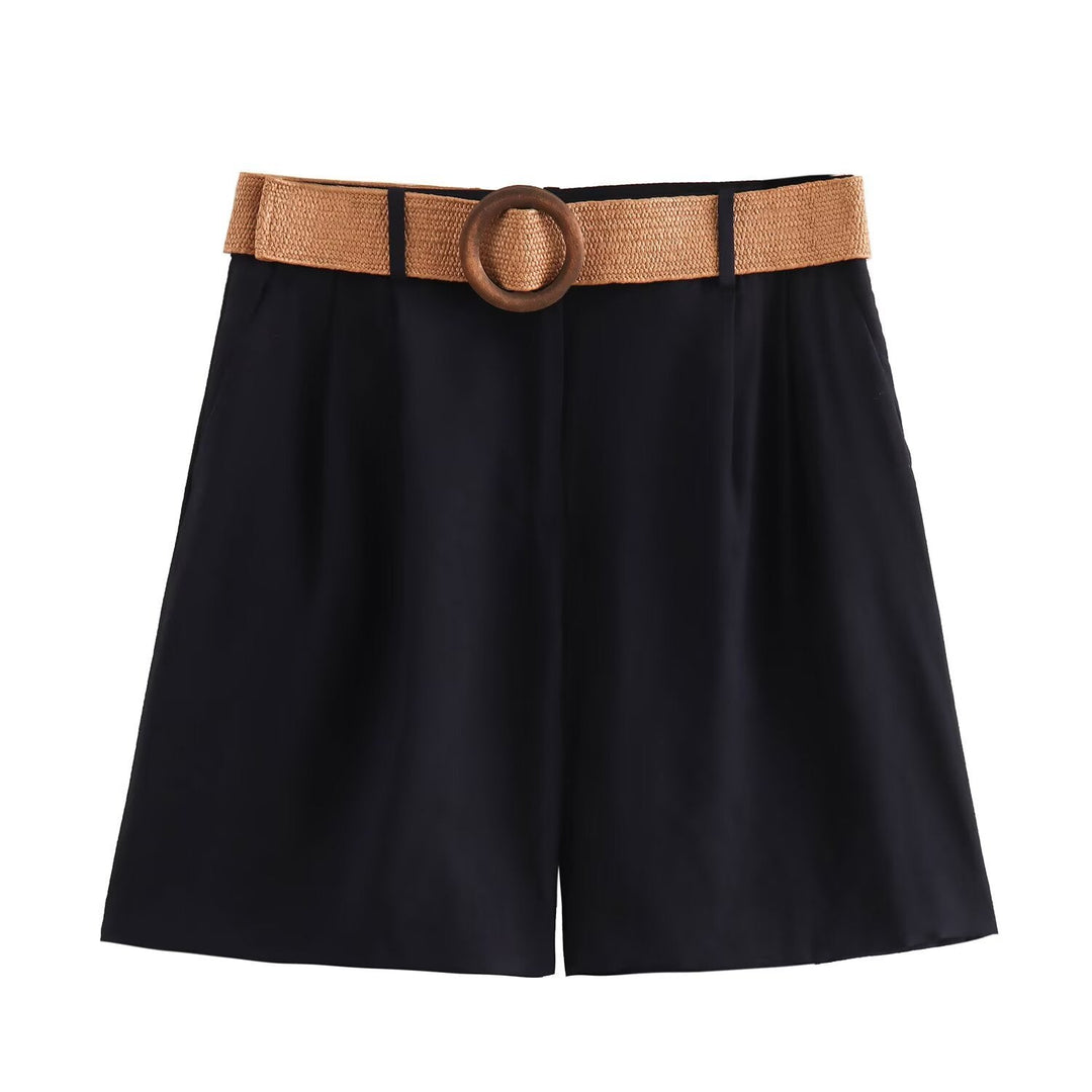 Damen elegante Shorts mit breitem, geflochtenem Gürtel Drune