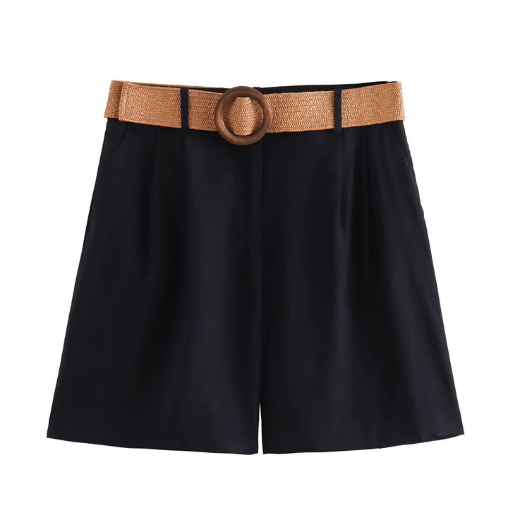 Damen elegante Shorts mit breitem, geflochtenem Gürtel Drune