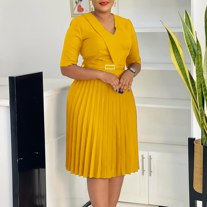 Damen Plissee Kleid mit elegantem V-Ausschnitt und abnehmbarem Taillengürtel Drune