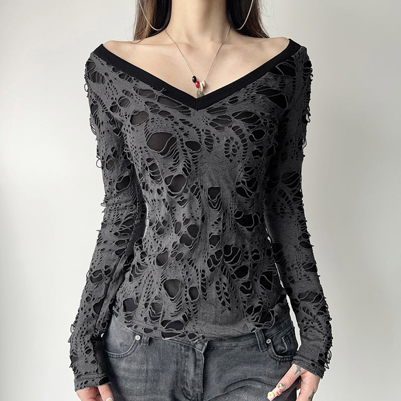 Damen nan transparentes Distressed-Spitzenshirt mit V-Ausschnitt, langärmeligem Layer-Look und innenliegendem Cami Drune