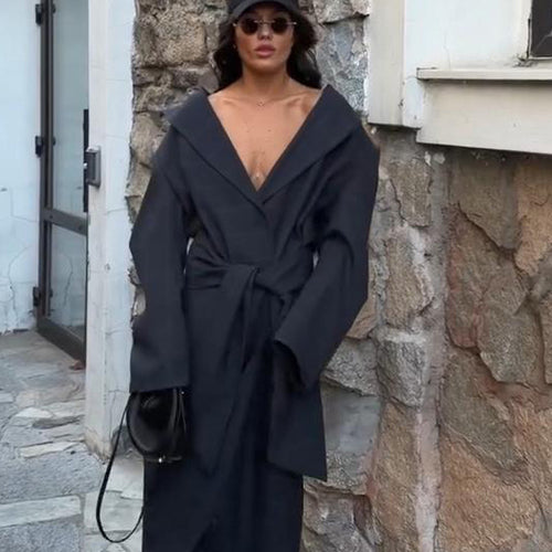 Damen Oversize Wickelmantel mit weitem Schalkragen und Bindegürtel Drune