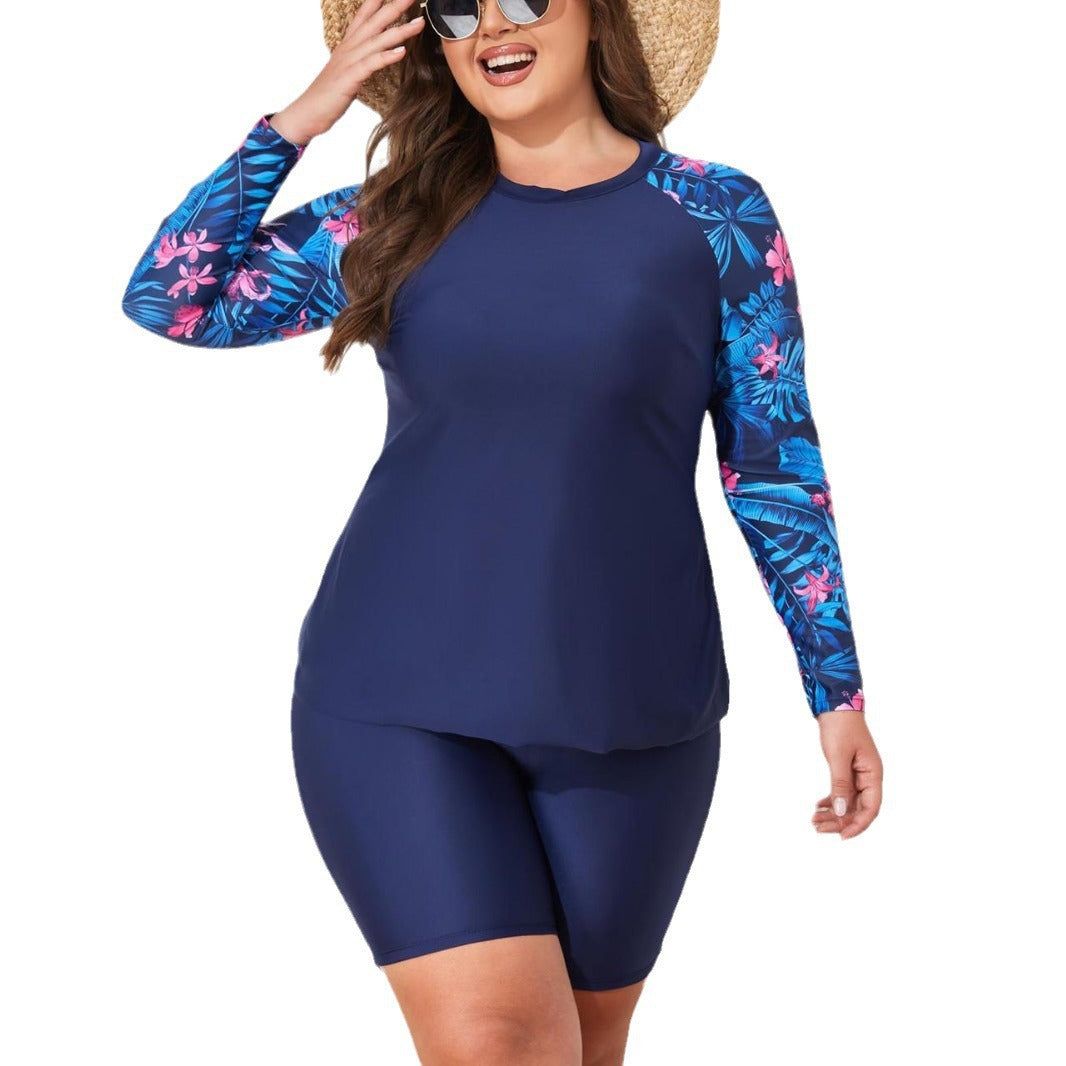 Damen UV-Schutz Surfanzug Set mit langen Ärmeln und farbenfrohem Blattmuster Drune