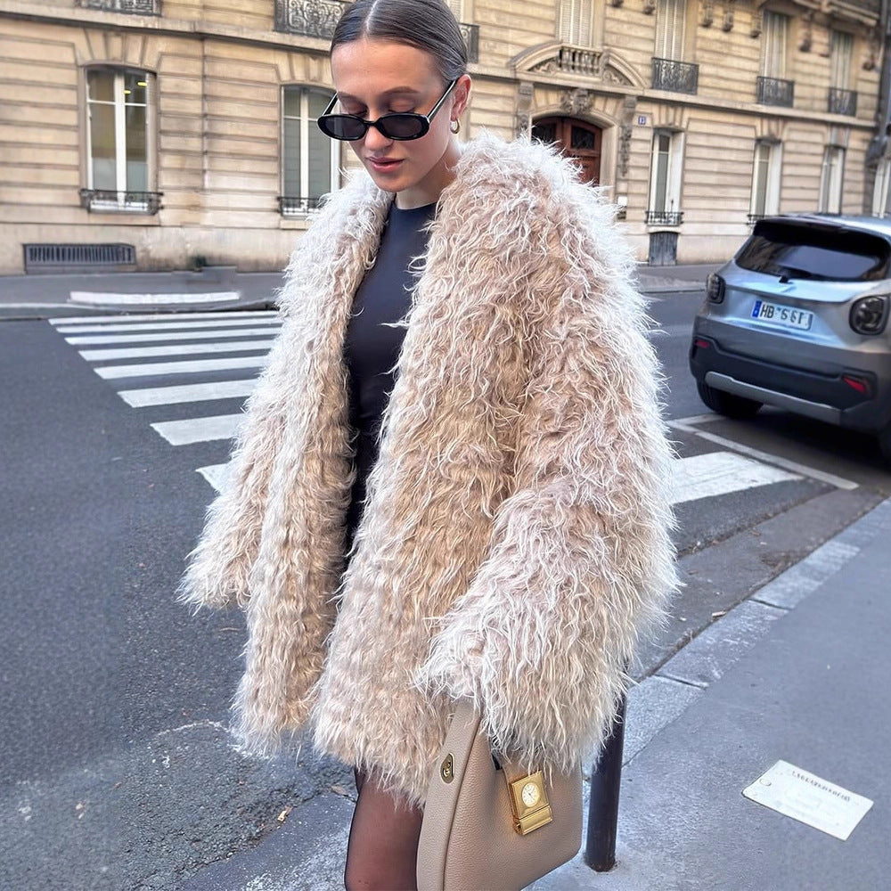 Damen Oversize lockiger Kunstpelz-Mantel im Shaggy‑Look Drune