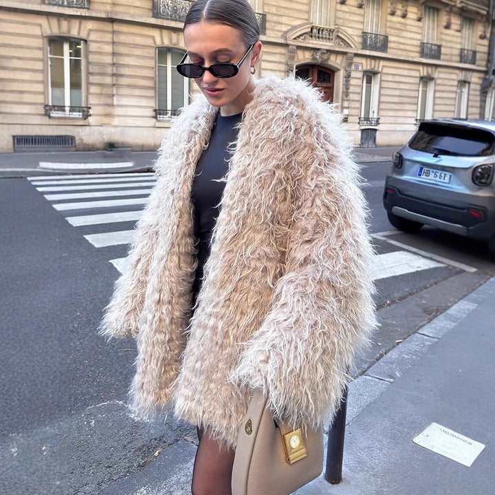 Damen Oversize lockiger Kunstpelz-Mantel im Shaggy‑Look Drune