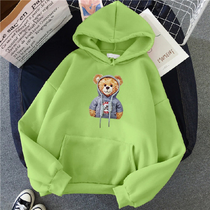 Unisex nan lässiger Oversize Kapuzenpullover mit Teddy-Frontprint, Kängurutasche und weichem Fleece-Innenfutter Drune