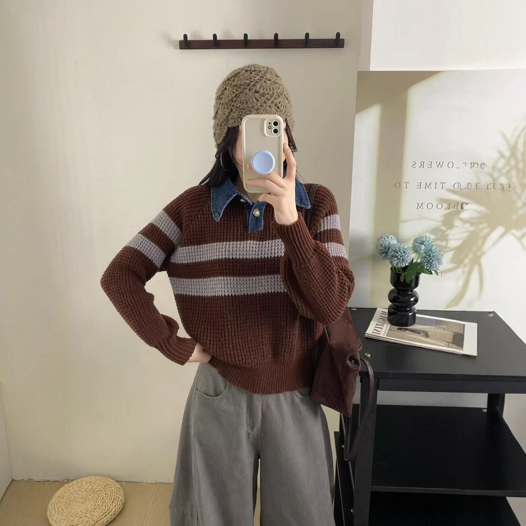 Damen lässiger Strickpullover mit Kragen und gestreiftem Design Drune