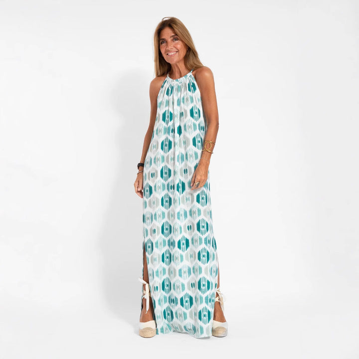 Damen Langes Leinenkleid mit schulterfreier Trägerkonstruktion und flirtendem Schlitz Drune