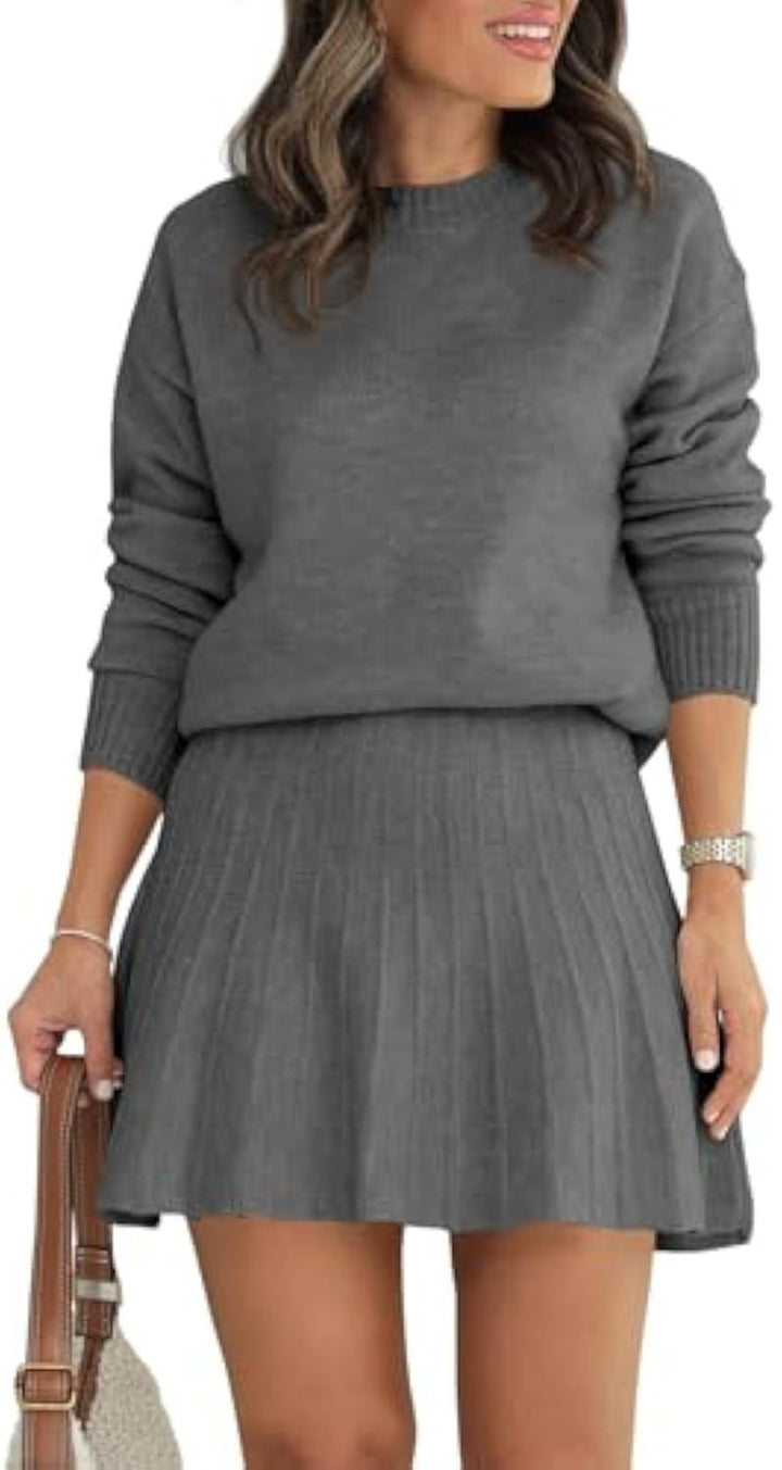 Damen Zweiteiliges Strick-Set mit Rundhals-Pullover und Plissée-Minirock Drune