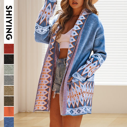 Damen Langarm-Strickjacke mit geometrischem Muster und offenen Taschen Drune