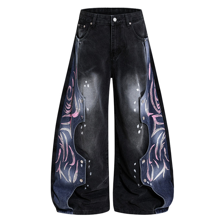 Damen High‑Waist weite Balloon‑Denim‑Culotte mit kontrastseitigen Artwork‑Paneelen Drune
