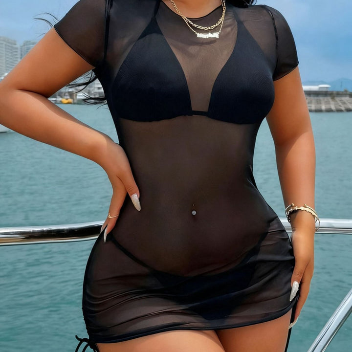 Damen Strandkleid mit transparentem Oberteil und verstellbarem Kordelzug Drune