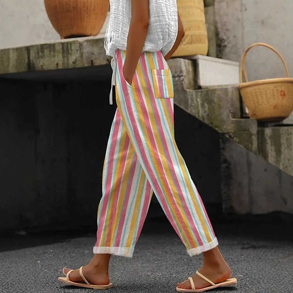 Damen Weite Leinenhose mit handgewebtem Muster Drune
