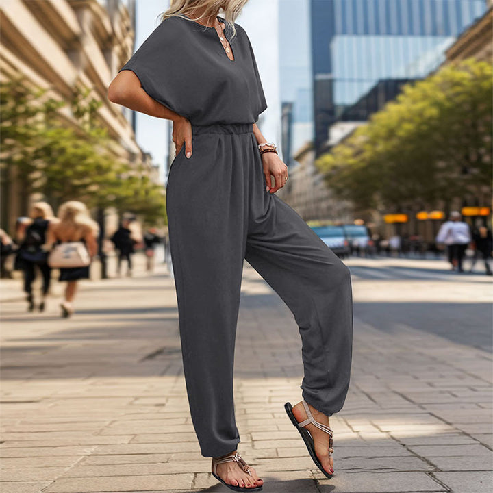 Damen Lässiger Jumpsuit mit Taillen-Smock, kurzem Fledermausärmel und elastischem Knöchelabschluss Drune