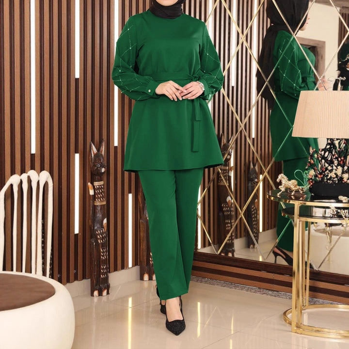 Damen Elegantes zweiteiliges Tunika-Set mit Taillengürtel und Zierärmeln Drune
