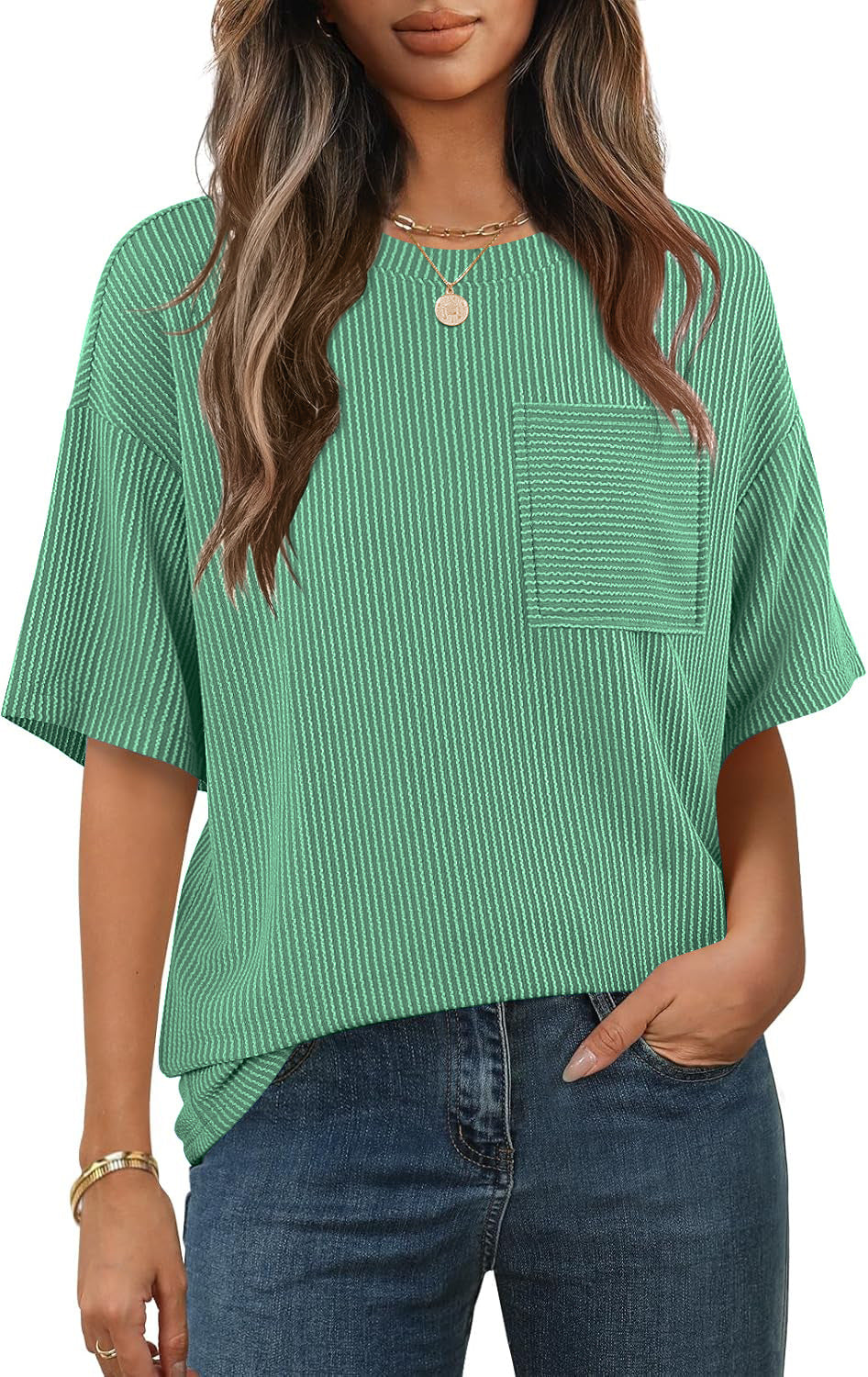 Damen lässiges gestreiftes T-Shirt mit Brusttasche Drune