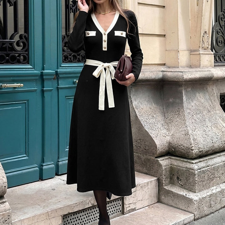 Damen Elegantes Langarmkleid mit Gürtel Drune