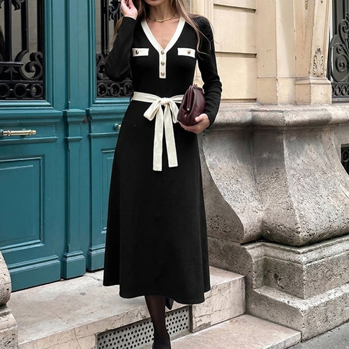 Damen Elegantes Langarmkleid mit Gürtel Drune