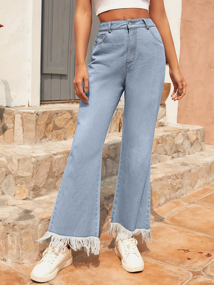 Damen Weite Flared Jeans mit fransigem Saum Drune