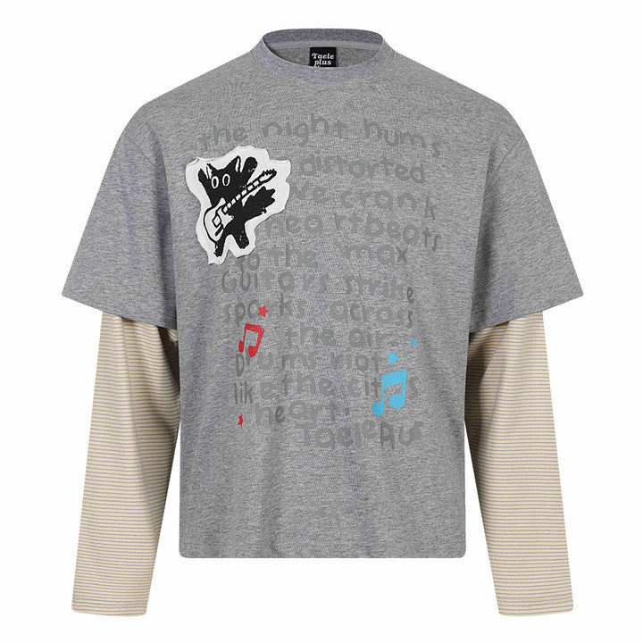 Unisex Lagenlook-Longsleeve-T-Shirt mit aufgesetztem Kurzarm-Layer und Grafikprint Drune