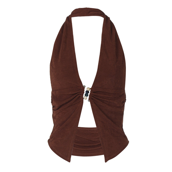 Damen Haltertop mit eleganter Raffung und dekorativen Perlen Drune