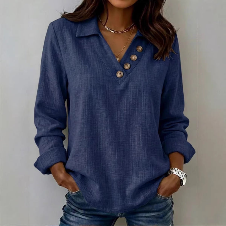 Damen Lässiges V-Ausschnitt-Blusenshirt mit Hemdkragen und asymmetrischer Zierknopfleiste Drune