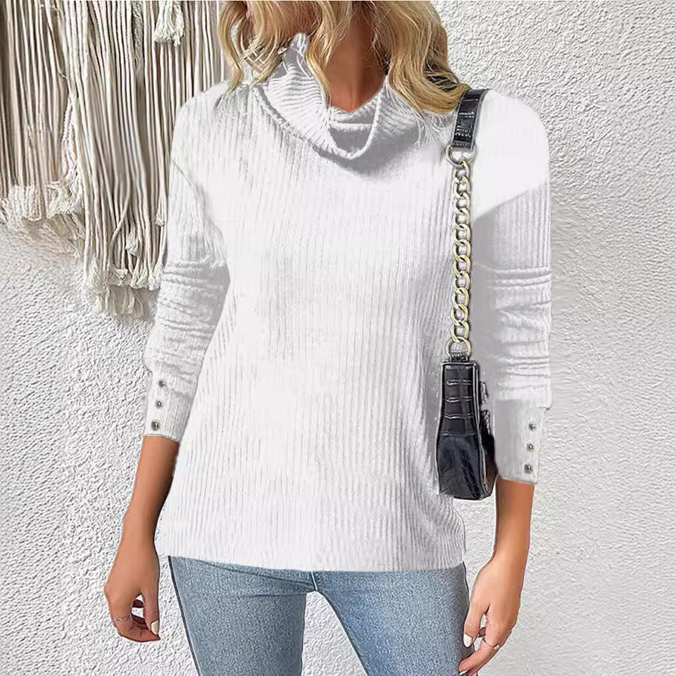 Damen Rippschneider Rollkragenpullover mit 3/4-Ärmeln und dekorativer Knopfleiste Drune