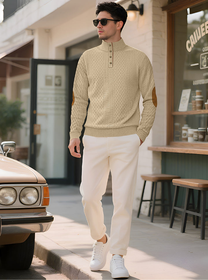 Herren nan edler Knopfsweater im Zopfmuster mit hohem Stehkragen und Wildleder-Ellenbogenpatches Drune