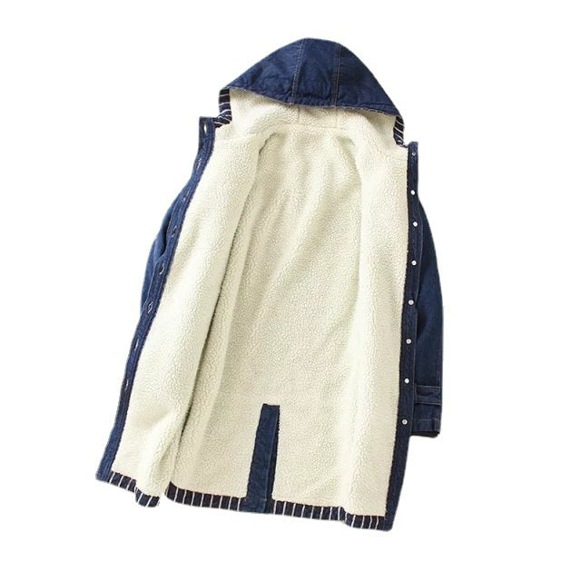 Damen nan gefütterter Denim Parka mit Teddyfutter, Kapuze und aufgesetzten Taschen Drune