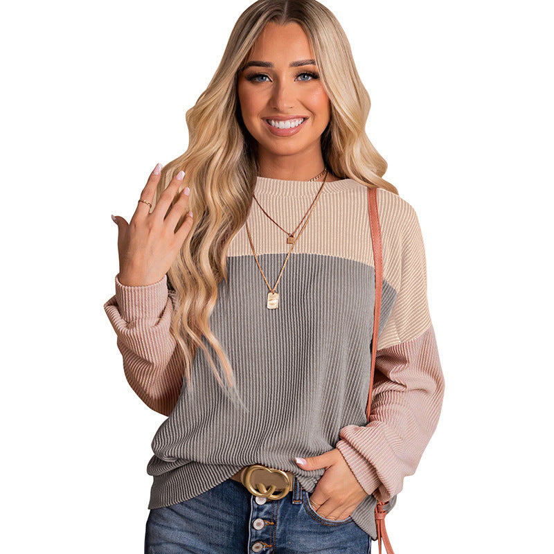Damen lässiger Pullover mit Rippstruktur und Farbblöcken Drune